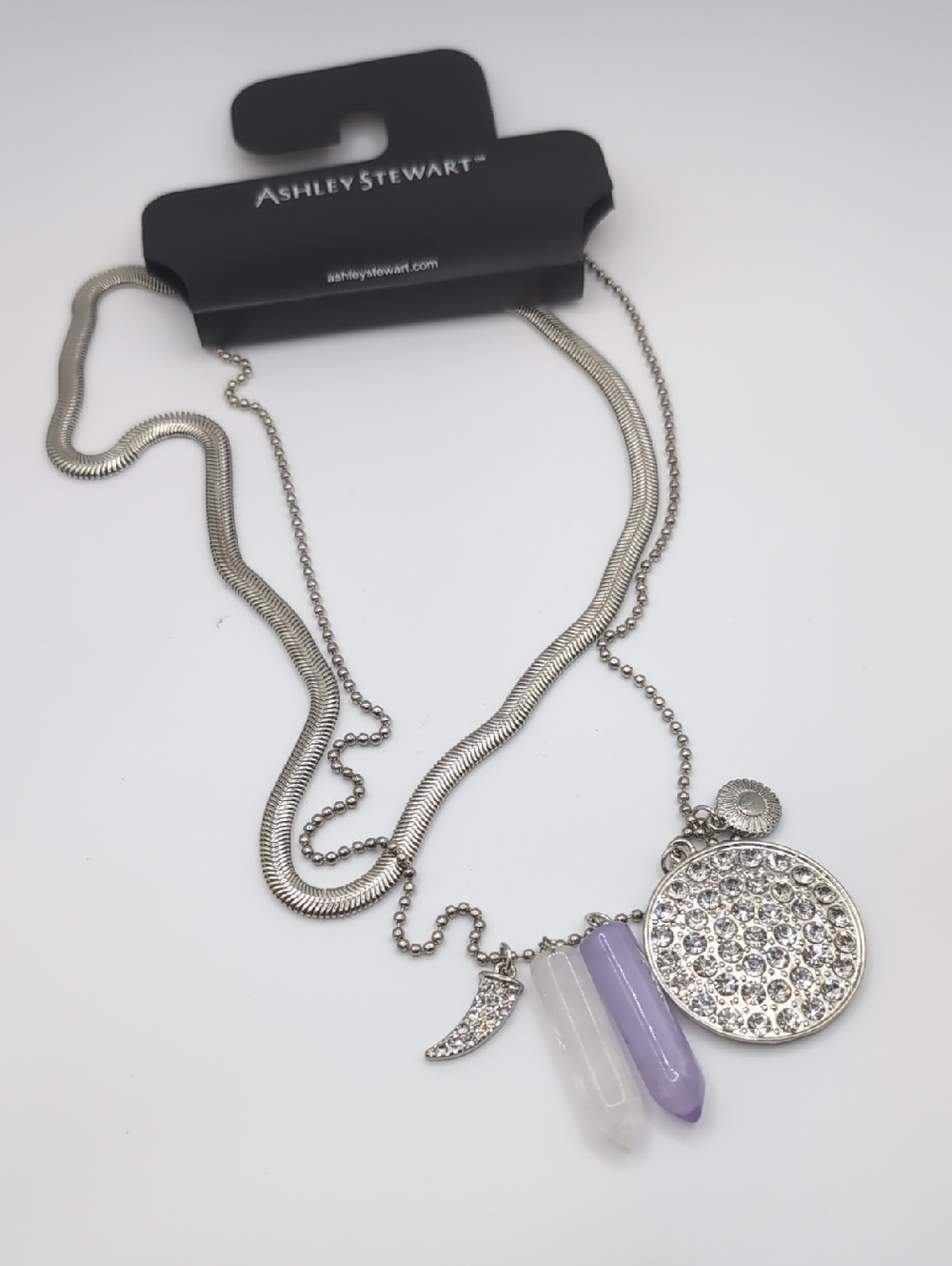 ASHLEY STEWART Silver & Lavender Double Strand Sparkly Charm Necklace NWT